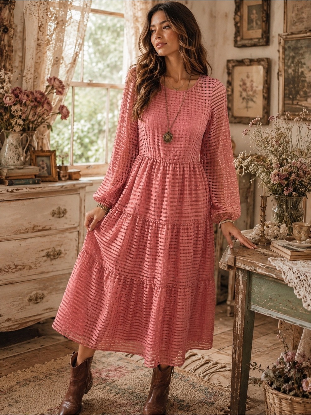 H&M Dusty Rose Tiered Long-Sleeve midi Dress